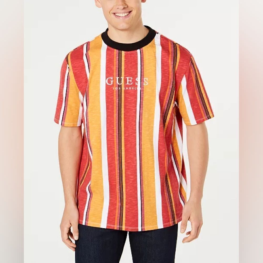 Guess Men's Vertical Striped Tee Shirt 90s Y2K Streetwear Athleisure Preppy S